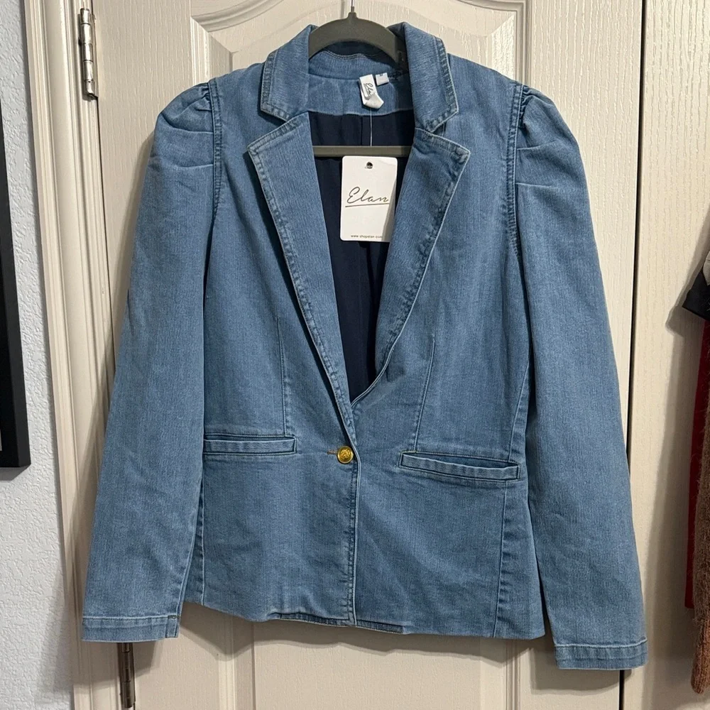 Elan Puff Sleeve Light Denim Blazer Minimalist Capsule Wardrobe Western Preppy